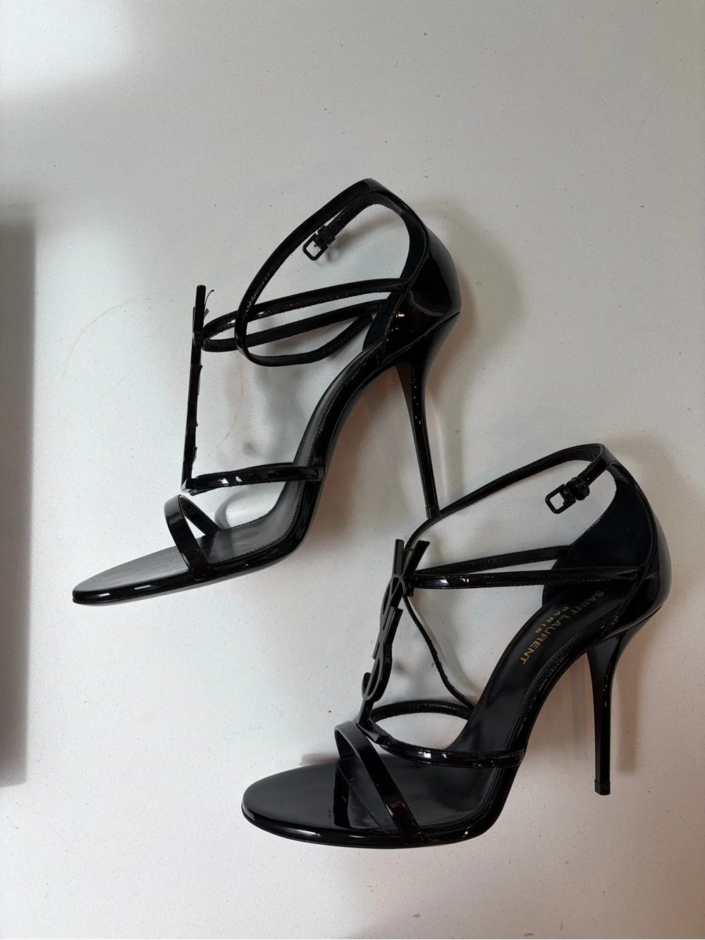 Saint Laurent Cassandra Black Patent Leather Logo T-Strap Stiletto Sandals - Picture 5 of 13